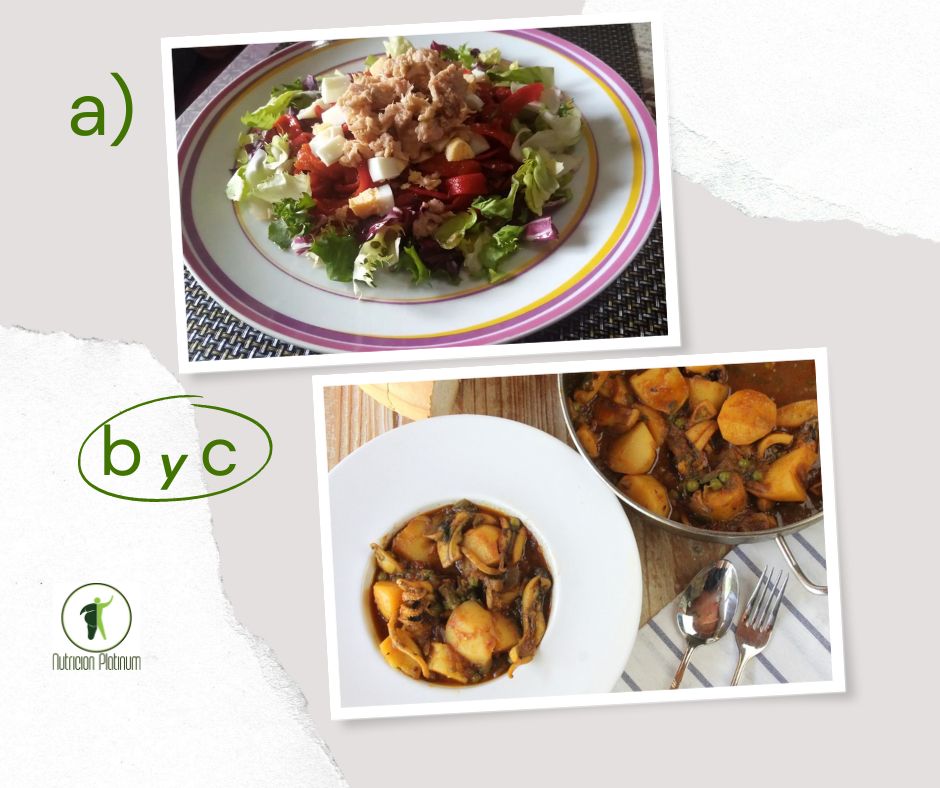 Ensalada de pimientos asados atún y huevo con sepia con patatas guisadas